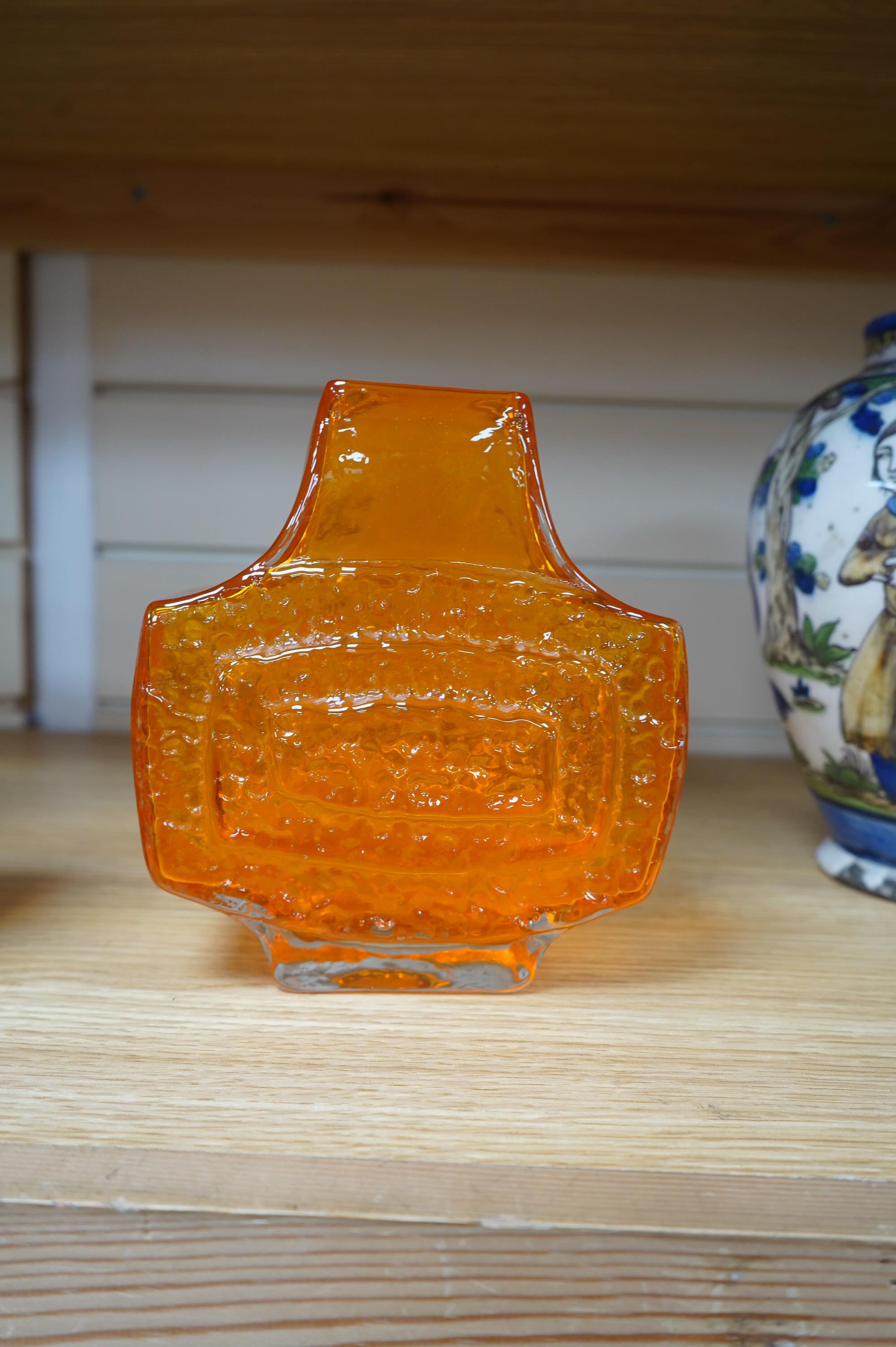 A Whitefriars tangerine glass 'TV' vase, 18cm. Condition - good